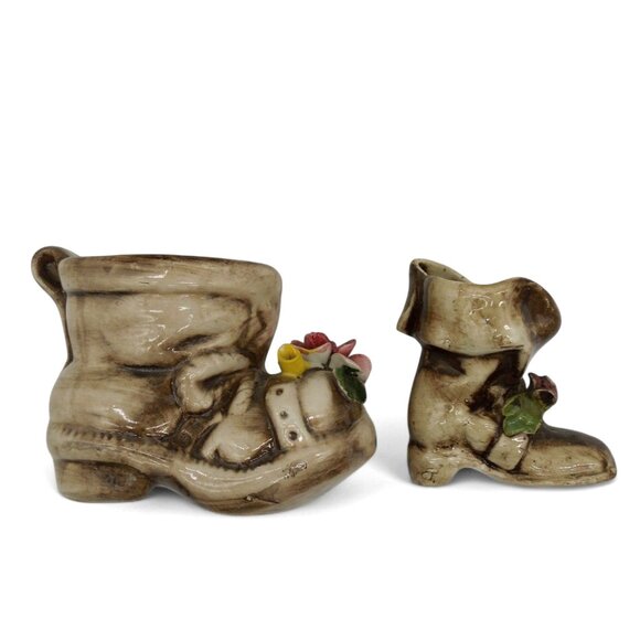 CAPODIMONTE Italian Ceramic Figurine Small Boot Planter Set of 2 Italy Vintage - Picture 6 of 11
